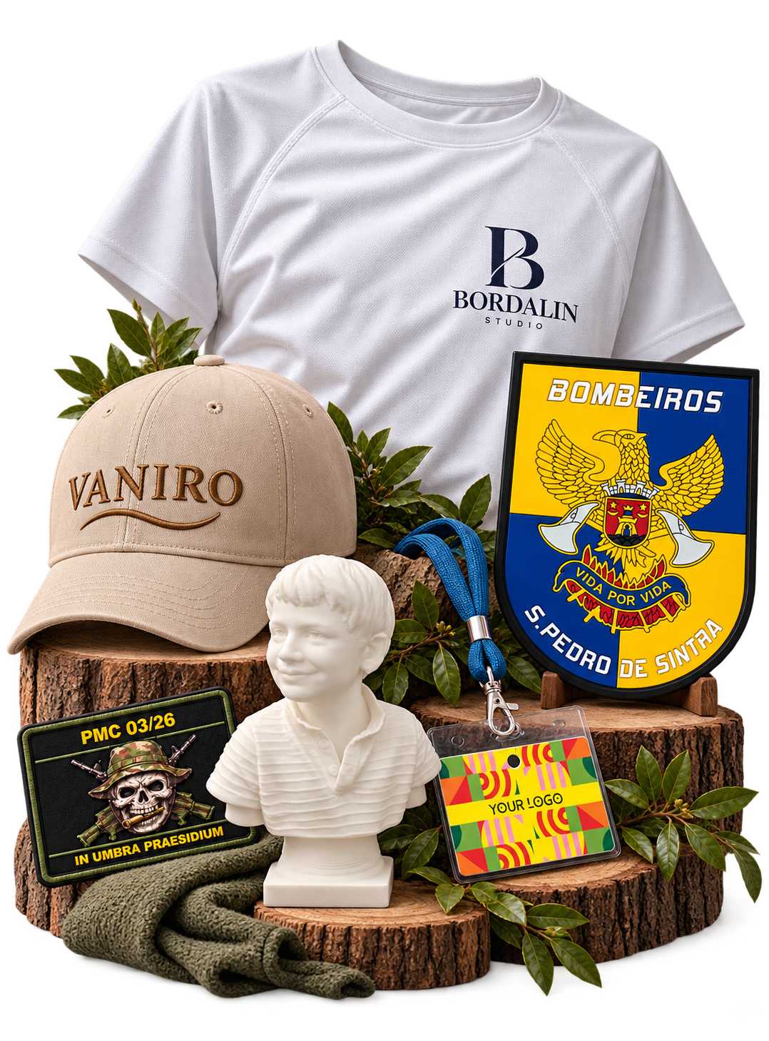 mostruário bordalin entre madeira e folhagem