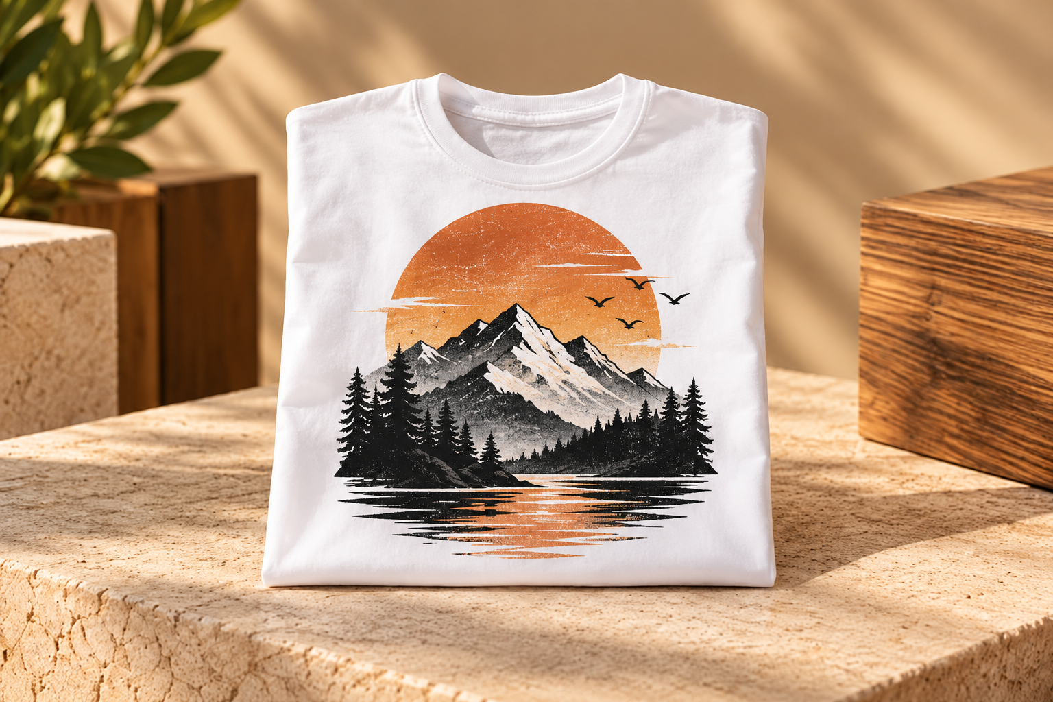 t shirt branco com paisagem montanhosa ao pôr do sol